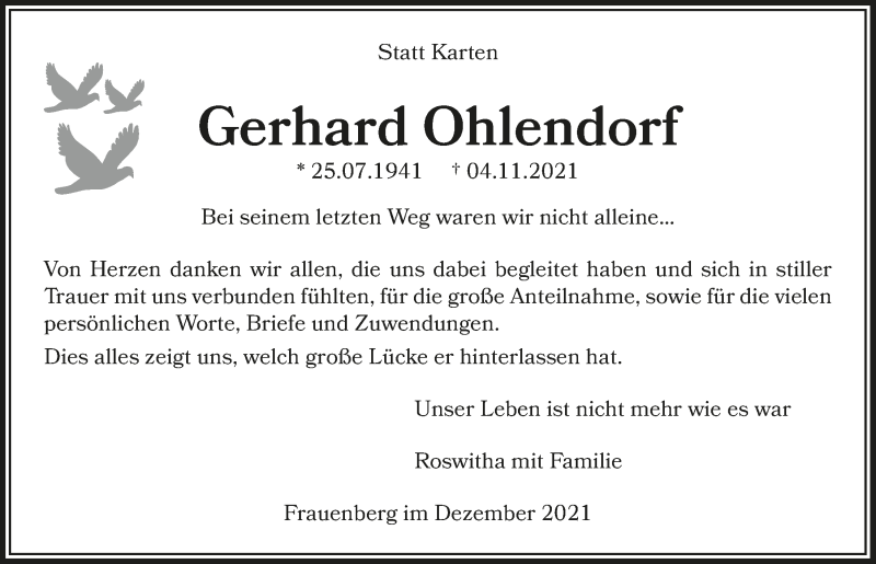  Traueranzeige für Gerhard Ohlendorf vom 04.12.2021 aus  Blickpunkt Euskirchen 