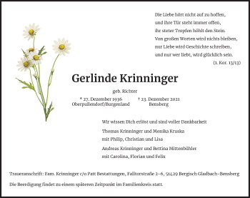 Anzeige von Gerlinde Krinninger von Kölner Stadt-Anzeiger / Kölnische Rundschau / Express