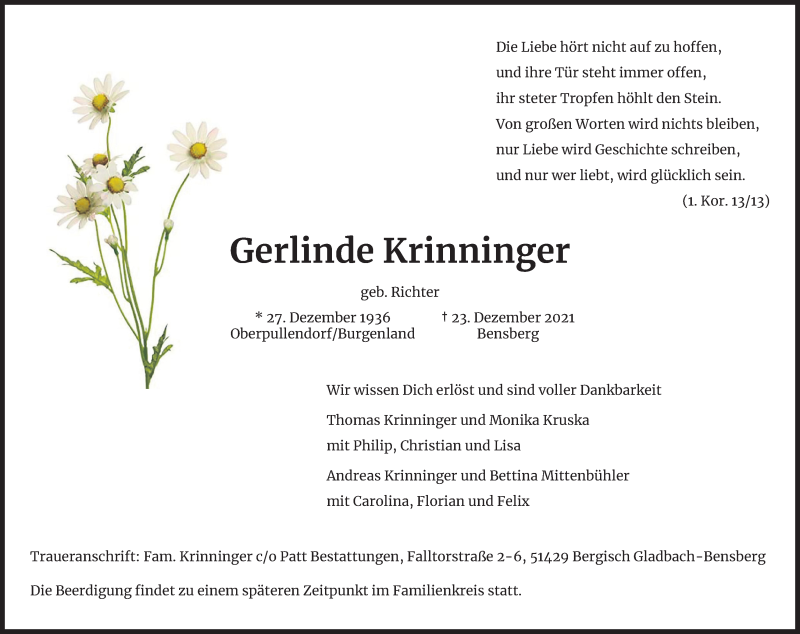  Traueranzeige für Gerlinde Krinninger vom 31.12.2021 aus Kölner Stadt-Anzeiger / Kölnische Rundschau / Express