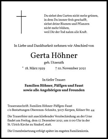 Anzeige von Gerta Höhner von Kölner Stadt-Anzeiger / Kölnische Rundschau / Express