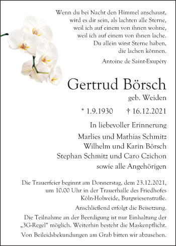 Anzeige von Gertrud Börsch von Kölner Stadt-Anzeiger / Kölnische Rundschau / Express