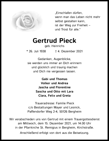Anzeige von Gertrud Pieck von Kölner Stadt-Anzeiger / Kölnische Rundschau / Express