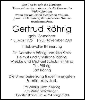 Anzeige von Gertrud Röhrig von Kölner Stadt-Anzeiger / Kölnische Rundschau / Express