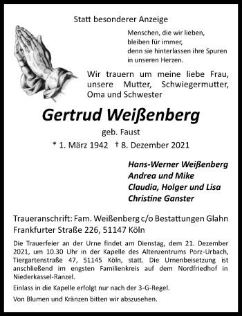 Anzeige von Gertrud Weißenberg von  Kölner Wochenspiegel 