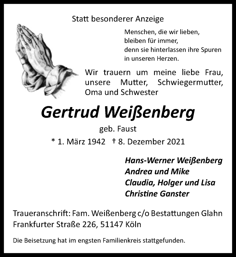  Traueranzeige für Gertrud Weißenberg vom 27.12.2021 aus  Extra Blatt 