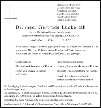Anzeige von Gertrude Lückerath von Kölner Stadt-Anzeiger / Kölnische Rundschau / Express