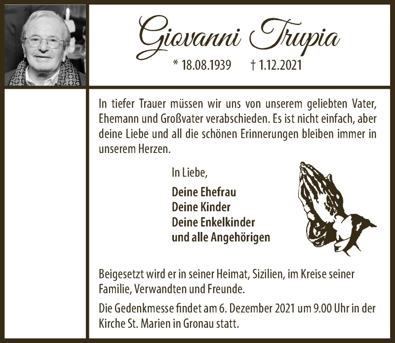  Traueranzeige für Giovanni Trupia vom 03.12.2021 aus  Bergisches Handelsblatt 