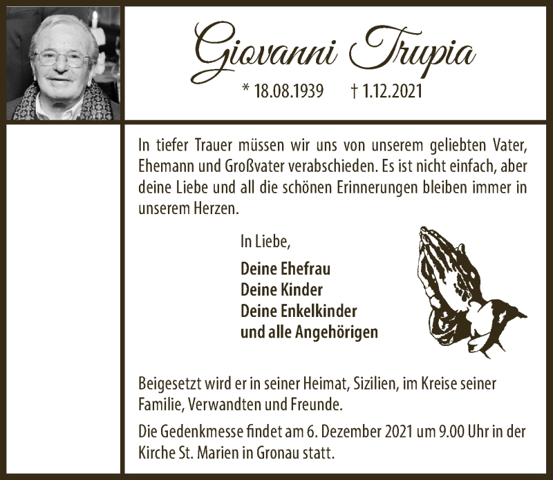  Traueranzeige für Giovanni Trupia vom 18.07.2023 aus  Bergisches Handelsblatt 