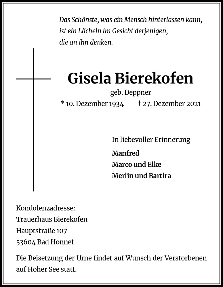  Traueranzeige für Gisela Bierekofen vom 31.12.2021 aus Kölner Stadt-Anzeiger / Kölnische Rundschau / Express