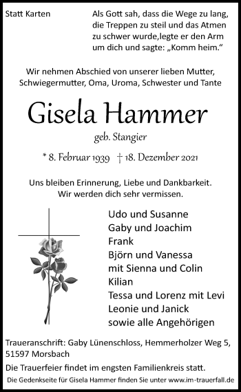 Anzeige von Gisela Hammer von  Lokalanzeiger 