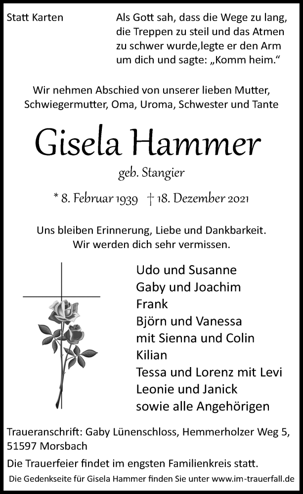  Traueranzeige für Gisela Hammer vom 27.12.2021 aus  Lokalanzeiger 