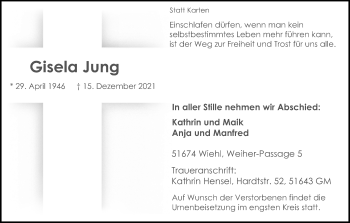 Anzeige von Gisela Jung von Kölner Stadt-Anzeiger / Kölnische Rundschau / Express