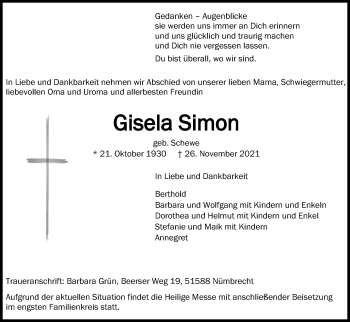 Anzeige von Gisela Simon von Kölner Stadt-Anzeiger / Kölnische Rundschau / Express