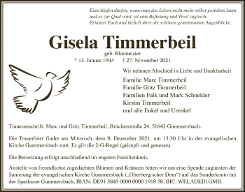 Anzeige von Gisela Timmerbeil von  Anzeigen Echo 