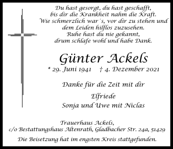 Anzeige von Günter Ackels von Kölner Stadt-Anzeiger / Kölnische Rundschau / Express
