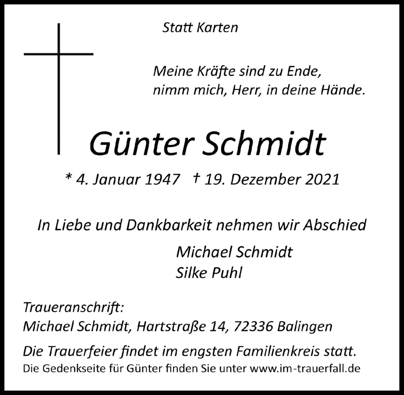  Traueranzeige für Günter Schmidt vom 27.12.2021 aus  Lokalanzeiger 