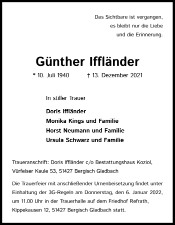 Anzeige von Günther Iffländer von Kölner Stadt-Anzeiger / Kölnische Rundschau / Express