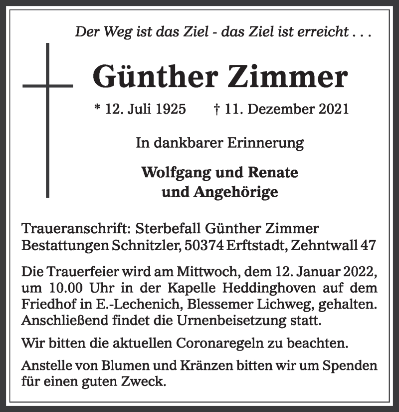  Traueranzeige für Günther Zimmer vom 01.01.2022 aus  Werbepost 