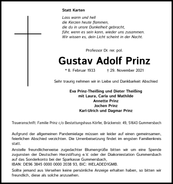 Anzeige von Gustav Adolf Prinz von Kölner Stadt-Anzeiger / Kölnische Rundschau / Express