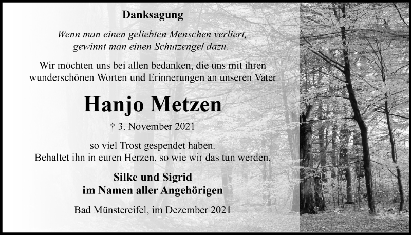  Traueranzeige für Hanjo Metzen vom 04.12.2021 aus  Blickpunkt Euskirchen 