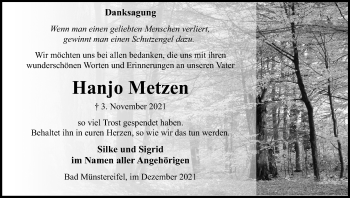 Anzeige von Hanjo Metzen von Kölner Stadt-Anzeiger / Kölnische Rundschau / Express