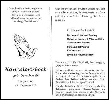 Anzeige von Hannelore Bock von Kölner Stadt-Anzeiger / Kölnische Rundschau / Express