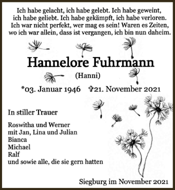 Anzeige von Hannelore Fuhrmann von  Extra Blatt 