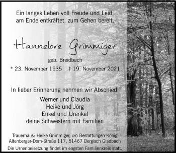 Anzeige von Hannelore Grimmiger von  Bergisches Handelsblatt 