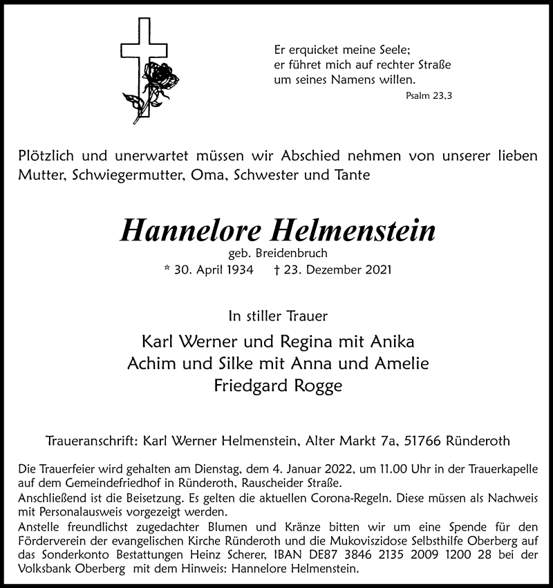  Traueranzeige für Hannelore Helmenstein vom 31.12.2021 aus Kölner Stadt-Anzeiger / Kölnische Rundschau / Express