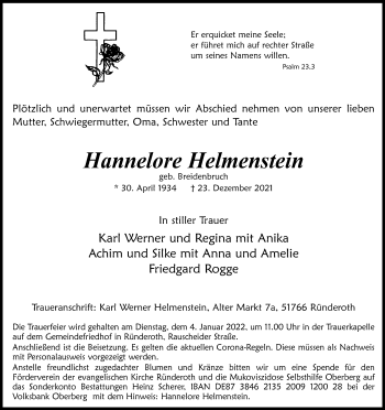 Anzeige von Hannelore Helmenstein von Kölner Stadt-Anzeiger / Kölnische Rundschau / Express