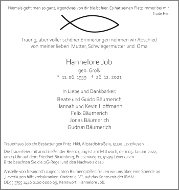 Anzeige von Hannelore Job von Kölner Stadt-Anzeiger / Kölnische Rundschau / Express