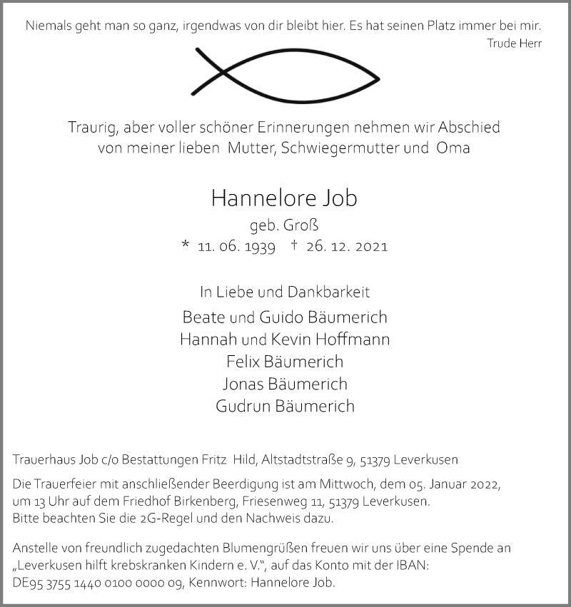  Traueranzeige für Hannelore Job vom 31.12.2021 aus Kölner Stadt-Anzeiger / Kölnische Rundschau / Express