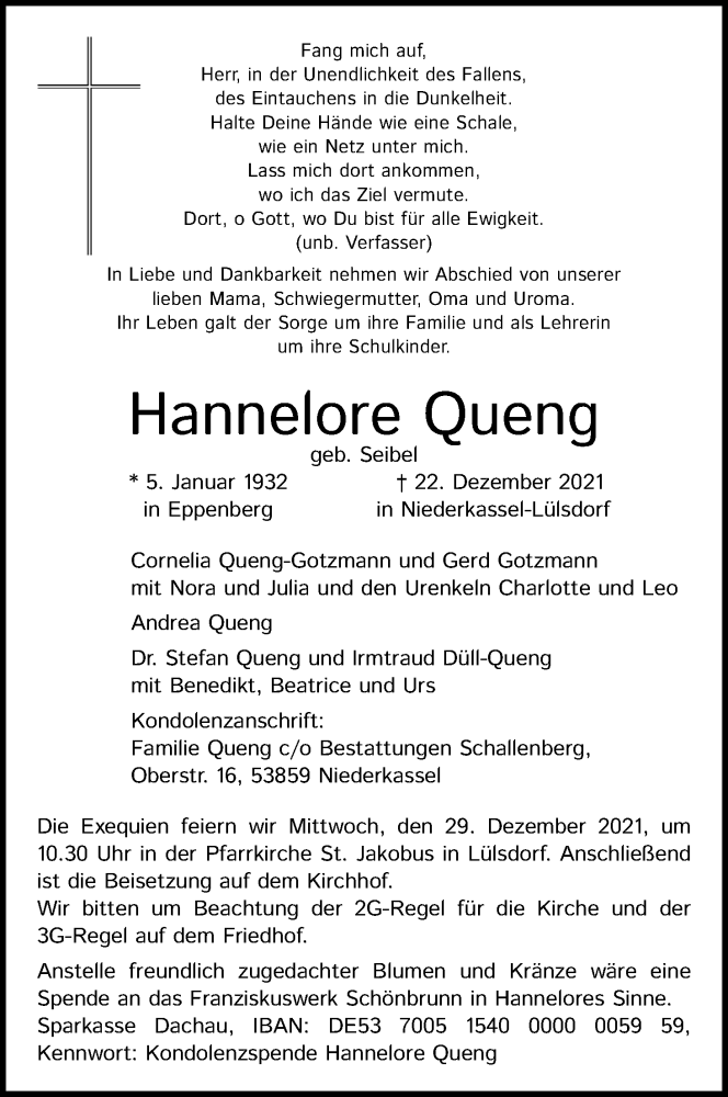  Traueranzeige für Hannelore Queng vom 27.12.2021 aus Kölner Stadt-Anzeiger / Kölnische Rundschau / Express