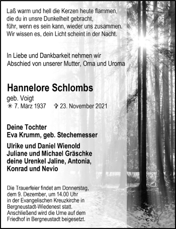 Anzeige von Hannelore Schlombs von  Anzeigen Echo 