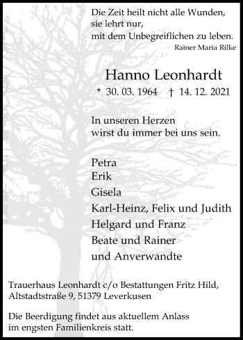 Anzeige von Hanno Leonhardt von Kölner Stadt-Anzeiger / Kölnische Rundschau / Express