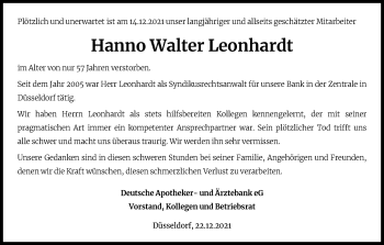 Anzeige von Hanno Walter Leonhardt von Kölner Stadt-Anzeiger / Kölnische Rundschau / Express