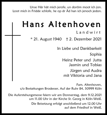 Anzeige von Hans Altenhoven von Kölner Stadt-Anzeiger / Kölnische Rundschau / Express