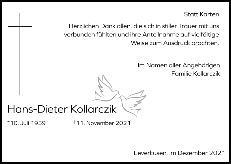  Traueranzeige für Hans-Dieter Kollarczik vom 31.12.2021 aus Kölner Stadt-Anzeiger / Kölnische Rundschau / Express