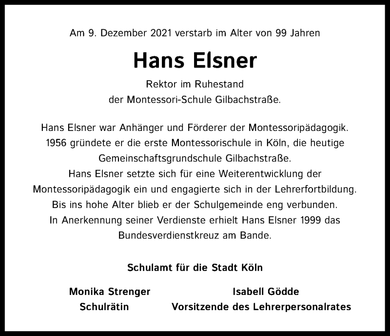  Traueranzeige für Hans Elsner vom 22.12.2021 aus Kölner Stadt-Anzeiger / Kölnische Rundschau / Express