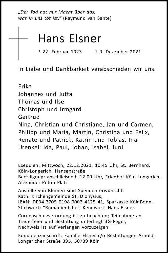  Traueranzeige für Hans Elsner vom 18.12.2021 aus Kölner Stadt-Anzeiger / Kölnische Rundschau / Express