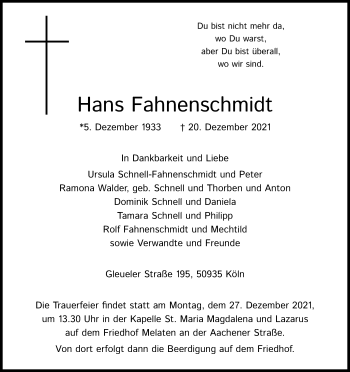 Anzeige von Hans Fahnenschmidt von Kölner Stadt-Anzeiger / Kölnische Rundschau / Express