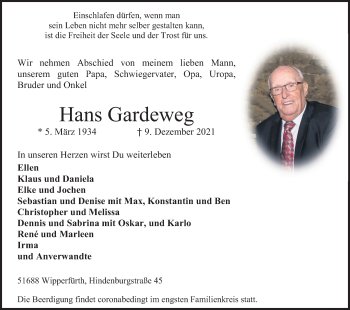 Anzeige von Hans Gardeweg von Kölner Stadt-Anzeiger / Kölnische Rundschau / Express