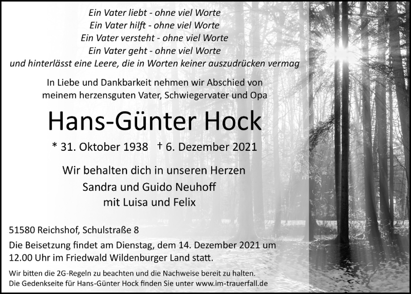  Traueranzeige für Hans-Günter Hock vom 10.12.2021 aus  Lokalanzeiger 