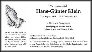 Anzeige von Hans-Günter Klein von  Wochenende 