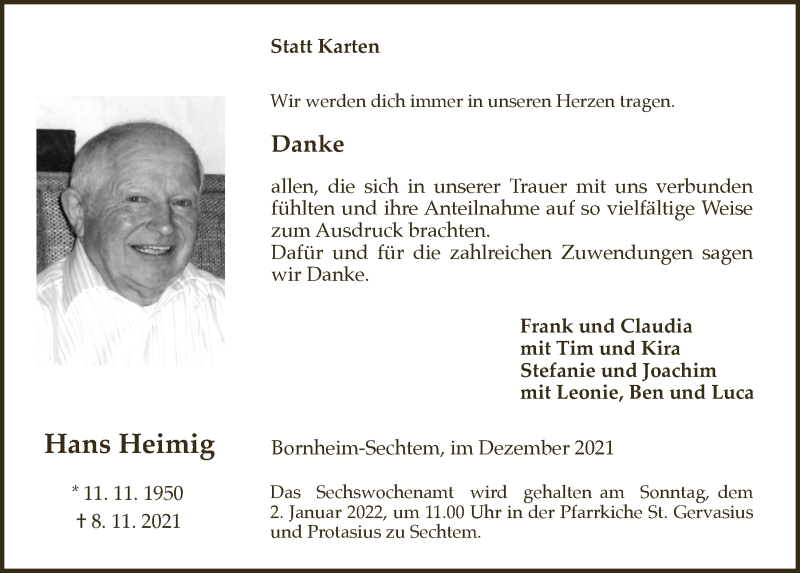  Traueranzeige für Hans Heimig vom 27.12.2021 aus  Schlossbote/Werbekurier 