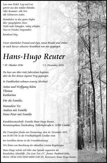 Anzeige von Hans-Hugo Reuter von Kölner Stadt-Anzeiger / Kölnische Rundschau / Express