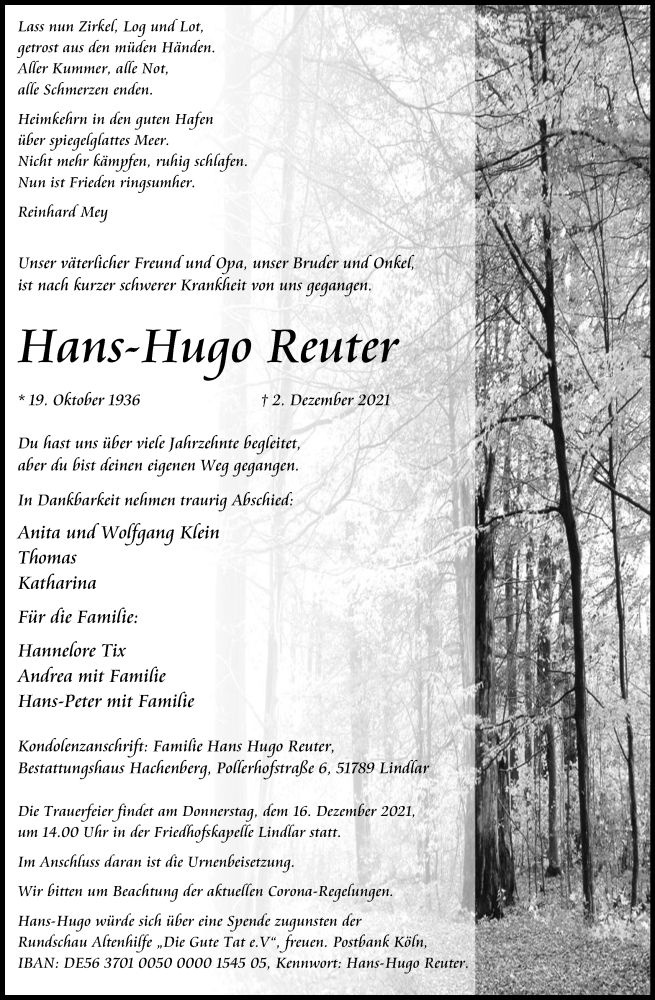  Traueranzeige für Hans-Hugo Reuter vom 11.12.2021 aus Kölner Stadt-Anzeiger / Kölnische Rundschau / Express