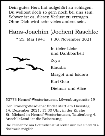 Anzeige von Hans-Joachim Raschke von Kölner Stadt-Anzeiger / Kölnische Rundschau / Express