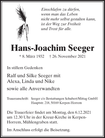 Anzeige von Hans-Joachim Seeger von  Werbepost 