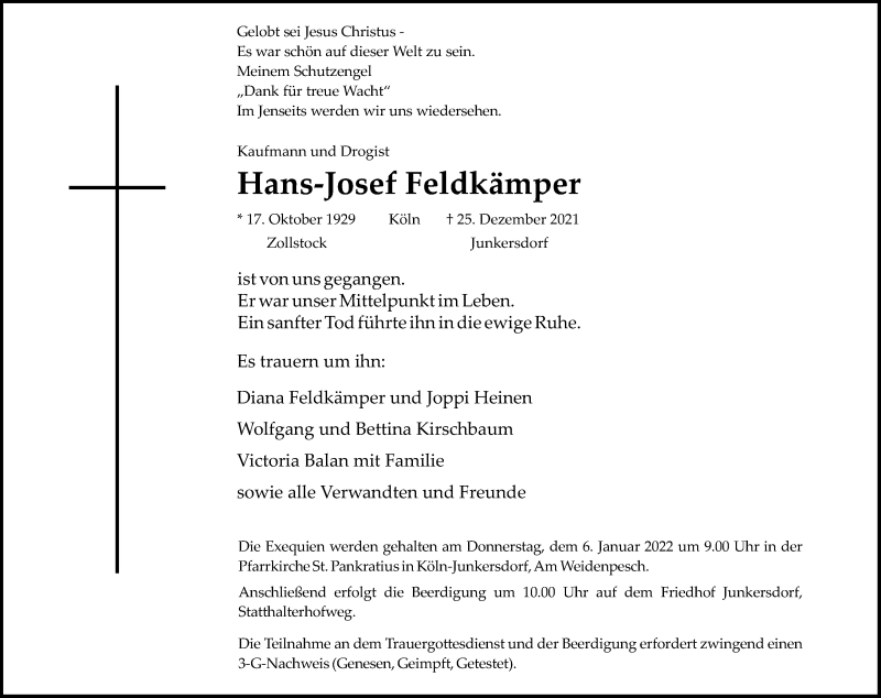  Traueranzeige für Hans-Josef Feldkämper vom 31.12.2021 aus Kölner Stadt-Anzeiger / Kölnische Rundschau / Express